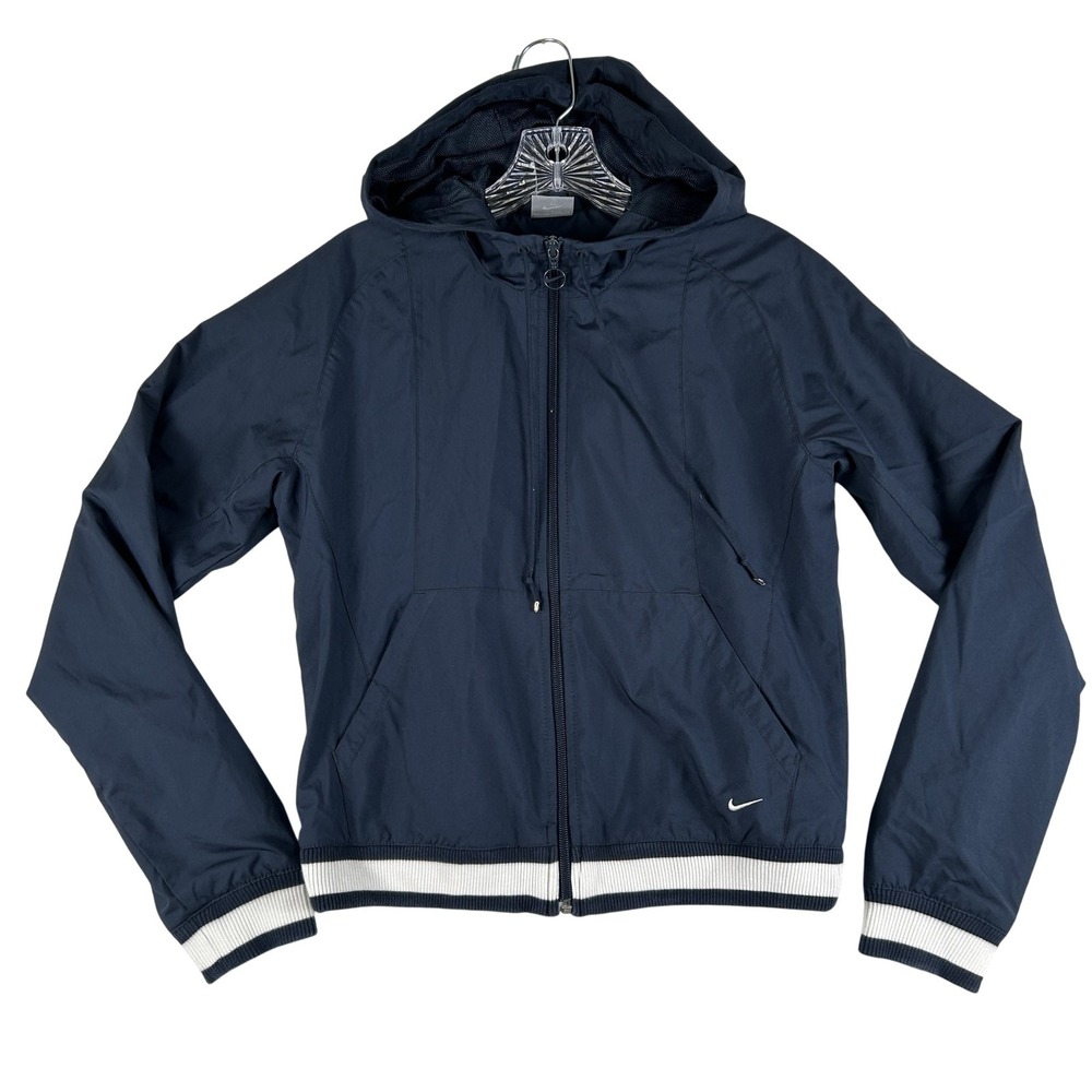 Nike Jacket Womens Medium Navy Blue Hooded Windbreaker Full‎ Zip Swoosh Athletic